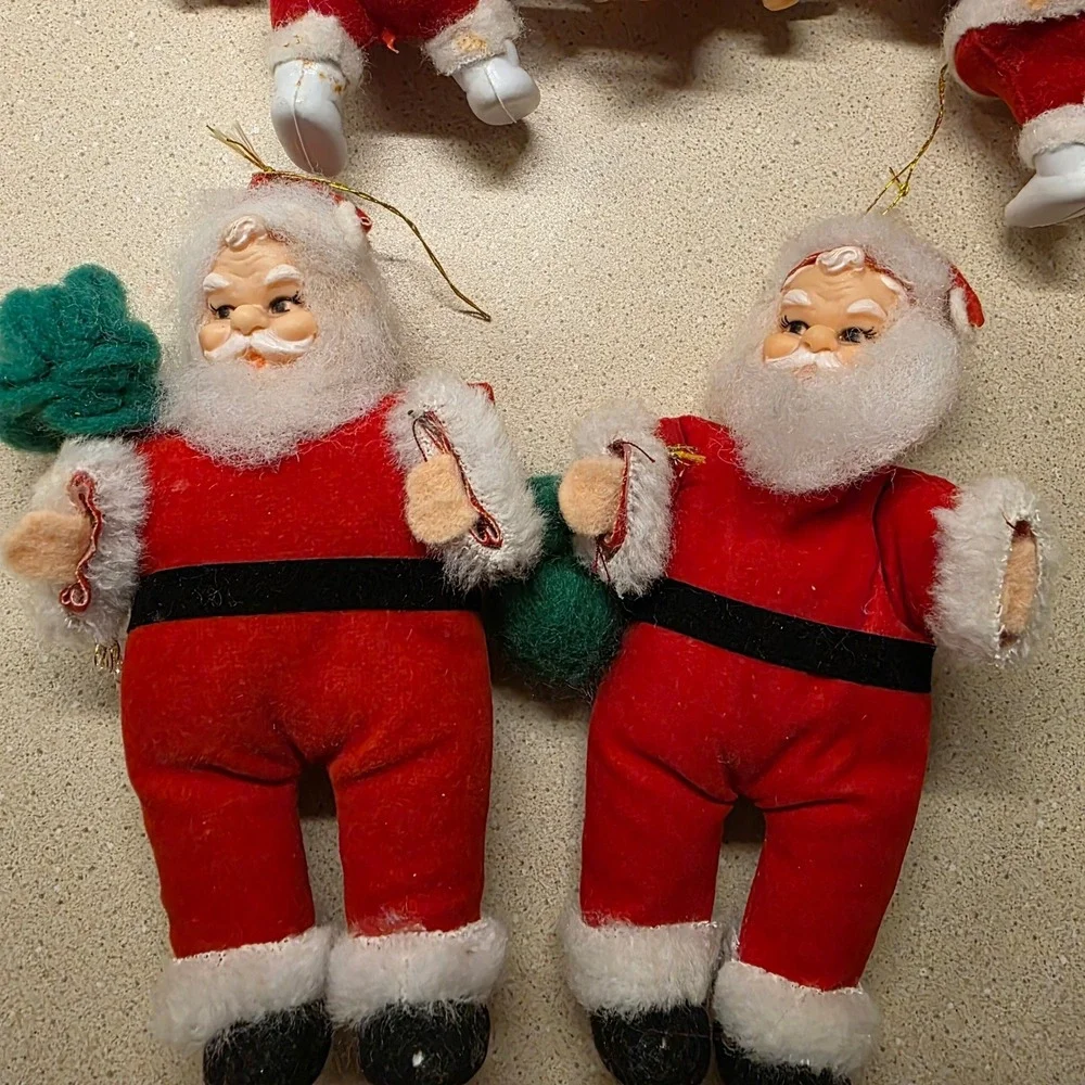 Lot of Vintage Santa Christmas Ornaments 9pc Red White Mid Century Retro, Rubber